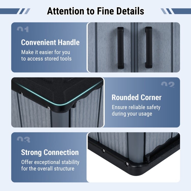 Convenient handle and rounded corners of the gray outdoor storage shed for easy access and safety in outdoor use.