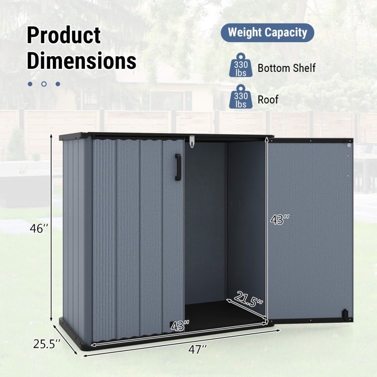 Outdoor storage shed dimensions showing lockable door, waterproof surface, and sturdy construction for versatile.