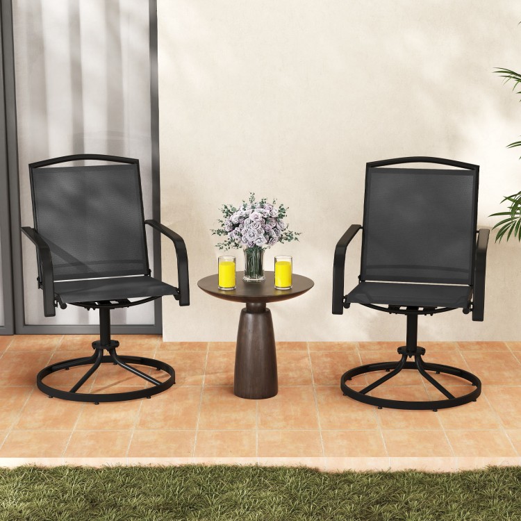 Set of 2 outdoor swivel chairs with high back and breathable black seats, perfect for backyard relaxation.