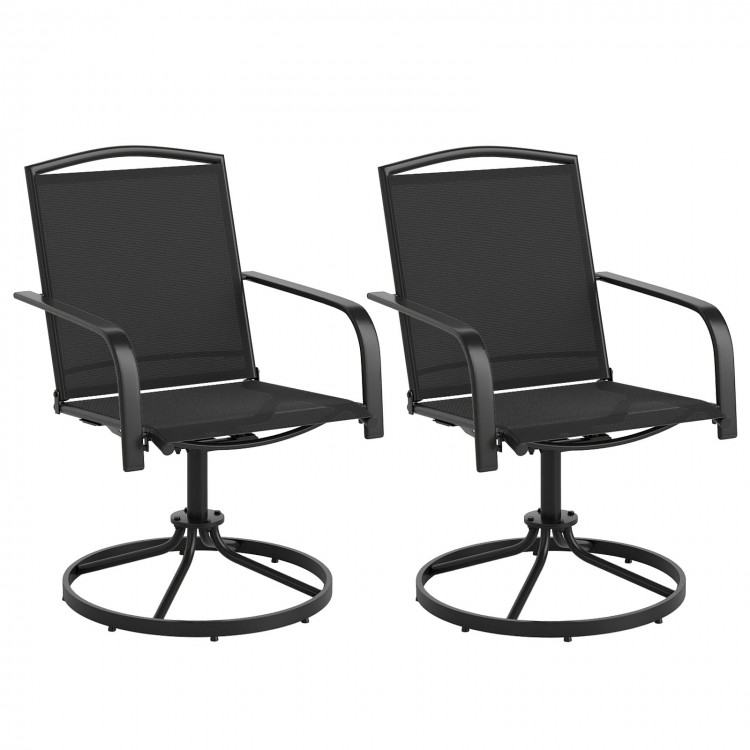 Set of 2 outdoor swivel chairs with high back, breathable seat, and sturdy metal frame for backyard relaxation.