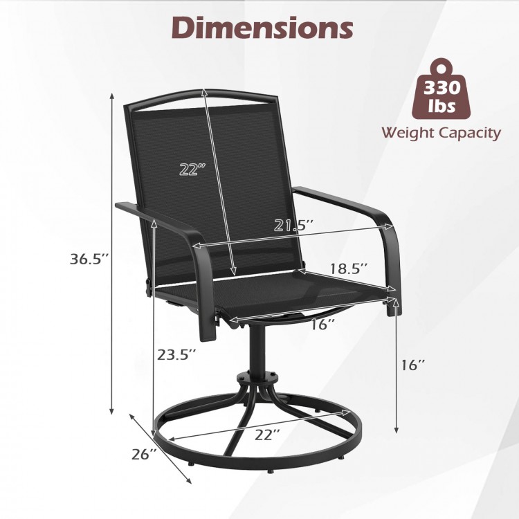 Black outdoor swivel chair with high back, breathable seat, and sturdy metal frame, ideal for backyard relaxation.