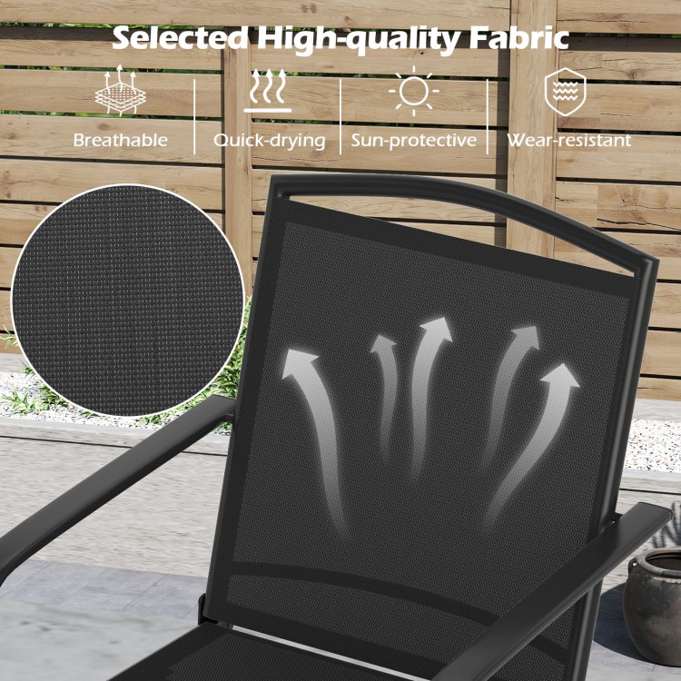 Close-up of breathable fabric on outdoor swivel chair, featuring quick-drying, sun-protective, and wear-resistant.