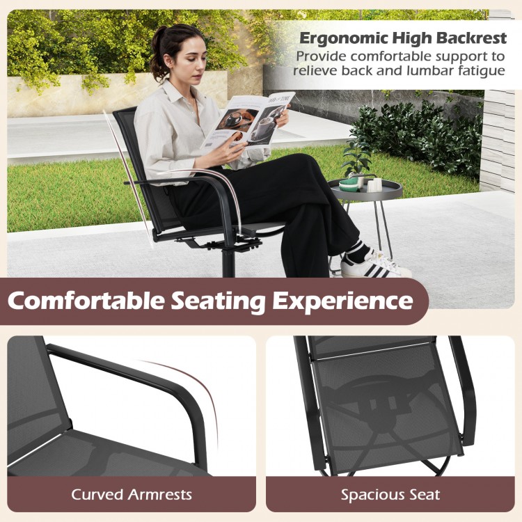 Outdoor swivel chair set with high back and breathable seat, featuring curved armrests for comfortable backyard.