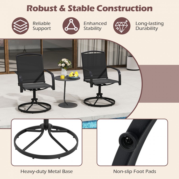 Set of 2 outdoor swivel chairs with high back, breathable seat, and sturdy metal base for backyard relaxation.