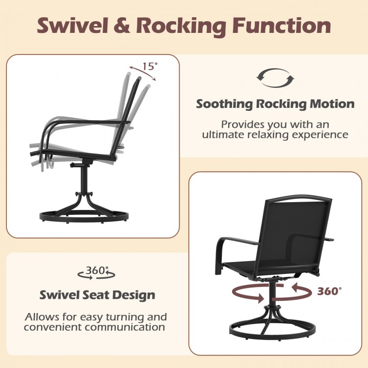 Outdoor swivel chair with high back and breathable seat, featuring 360° swivel and gentle rocking motion for relaxation.