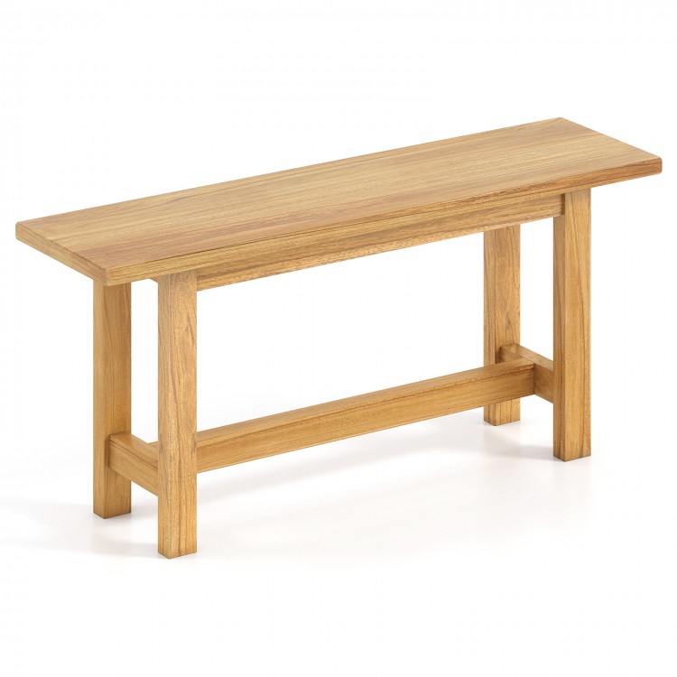 Teak wood bench with H-shaped legs, perfect for outdoor porch or poolside seating for two.