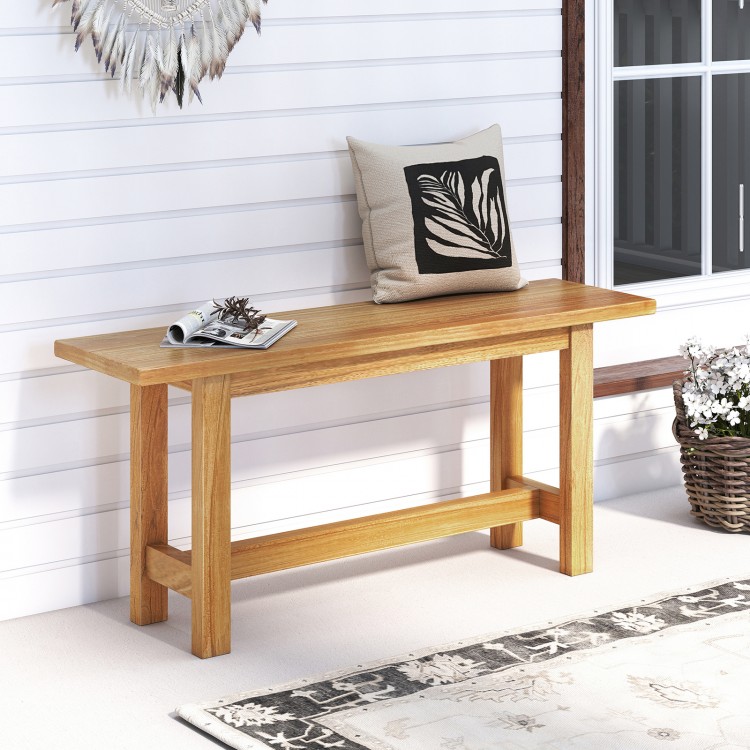 Teak wood bench with H-shaped legs, perfect for outdoor porch or poolside seating for two, showcasing natural elegance.