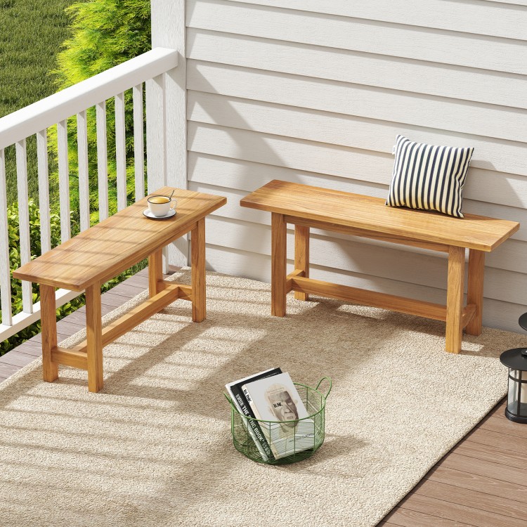 Teak wood benches with H-shaped legs, perfect for outdoor porch or patio seating for two.