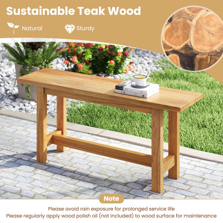 Outdoor teak wood bench with H-shaped legs, perfect for porch or poolside seating for two people.
