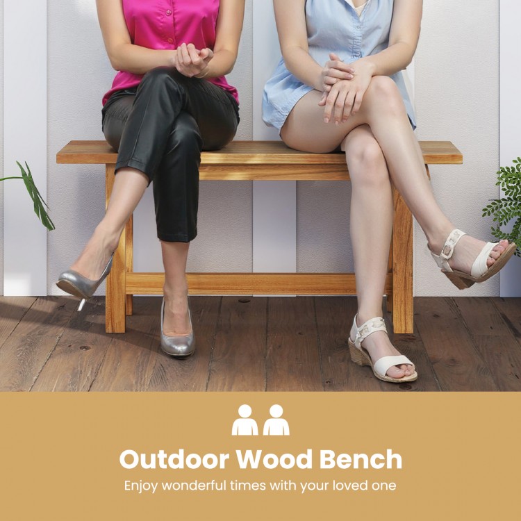 Teak wood bench for outdoor use, featuring H-shaped legs for stability, ideal for porch and patio seating.
