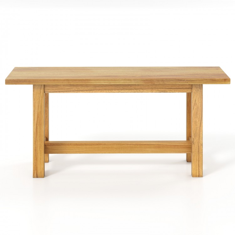 Teak wood bench with H-shaped legs, ideal for outdoor porch or patio, comfortably seats 2 people.