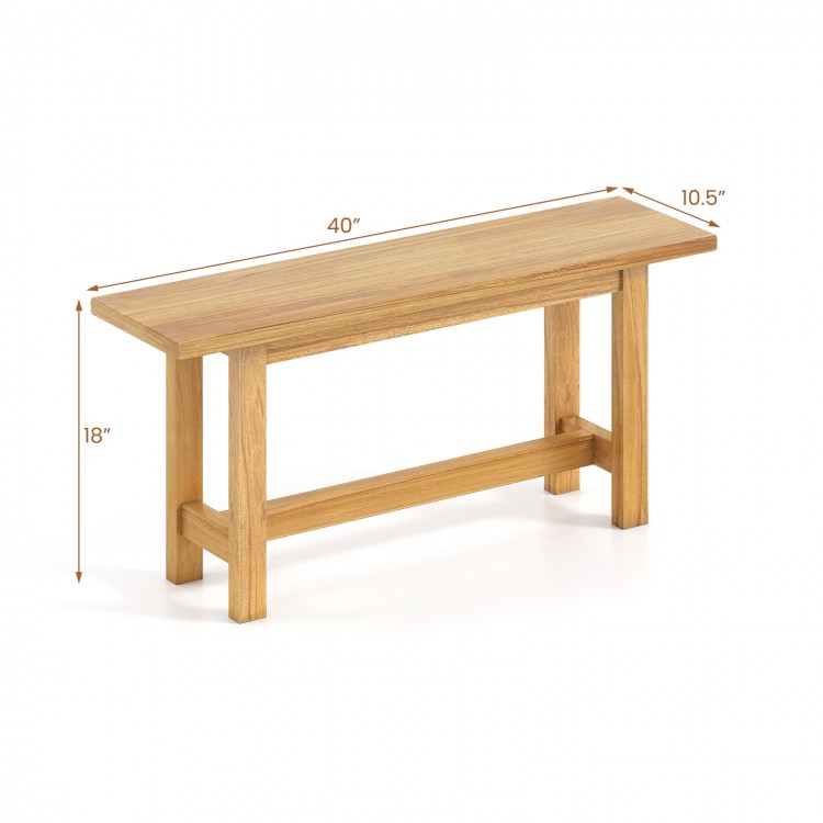 Teak wood bench with H-shaped legs, measuring 40" x 10.5" x 18", perfect for outdoor porch or patio seating.