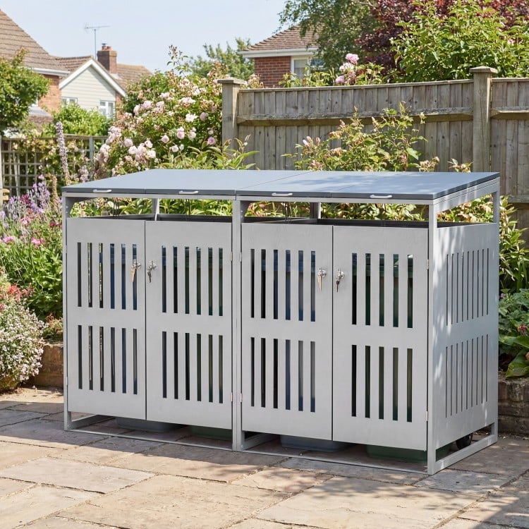 Outdoor trash can storage shed for 2 bins with slant-roof design, gas struts, and lockable doors for secure waste.