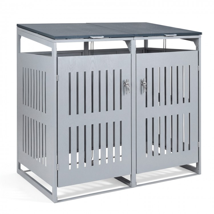 Outdoor trash can storage shed for 2 bins with gas struts, silver metal frame, ideal for garage or patio organization.