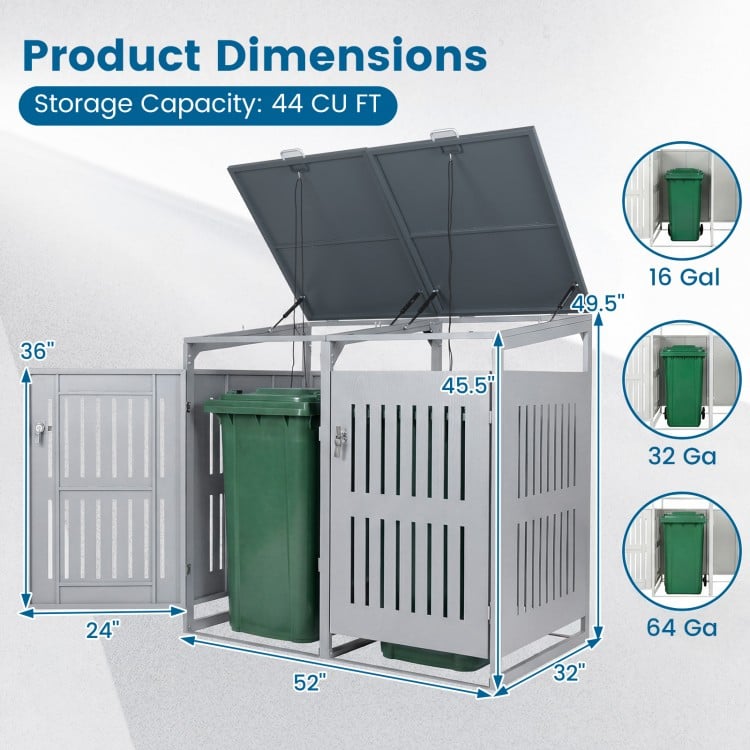 Outdoor trash can storage shed with dual-bin capacity, gas struts, and reinforced metal frame for garage or patio use.