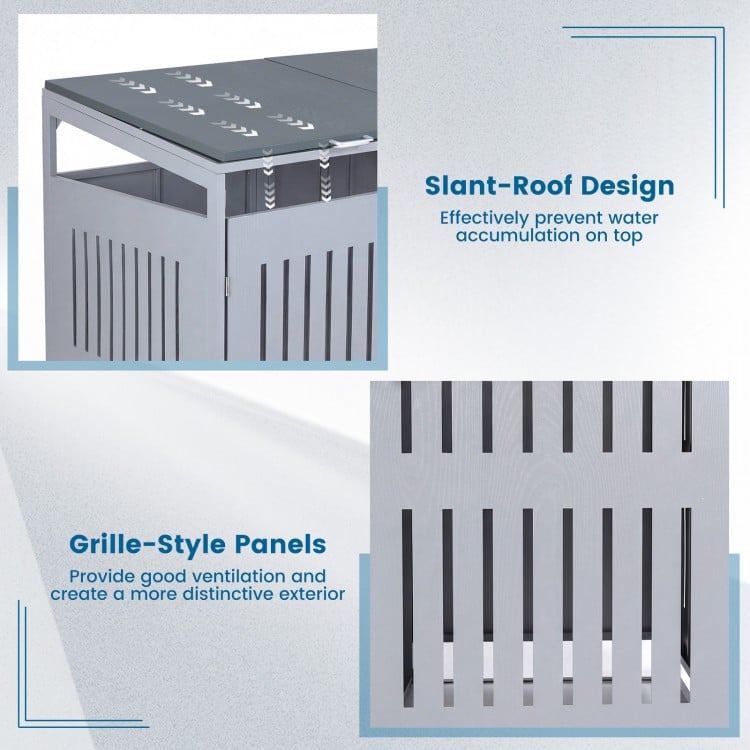 Close-up of the slant-roof design and grille-style panels of the outdoor trash can storage shed for 2 bins.