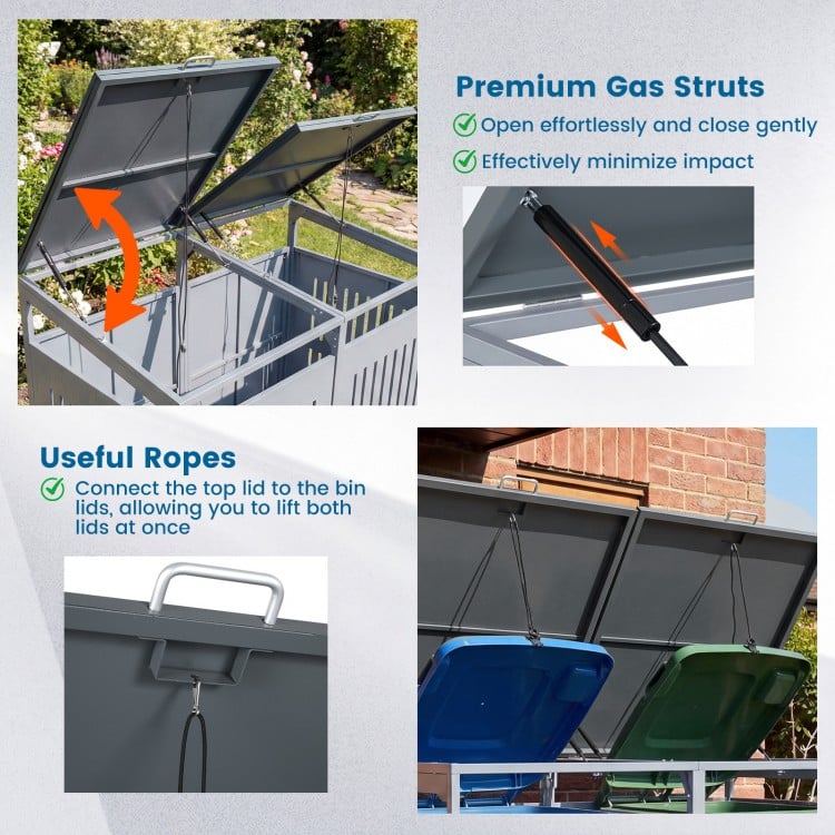 Outdoor trash can storage shed with gas struts, dual-bin capacity, and connecting ropes for easy lid operation.