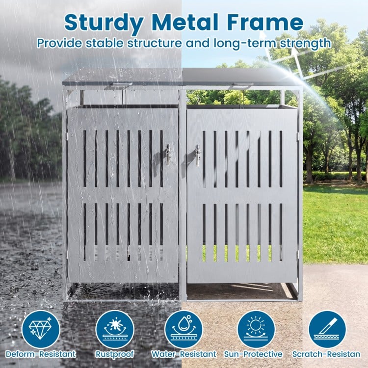 Outdoor trash can storage shed with sturdy metal frame, dual-bin capacity, and gas-strut assisted lids for easy access.