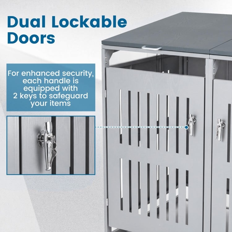 Dual lockable doors with handles and keys on the outdoor trash can storage shed for secure waste storage.
