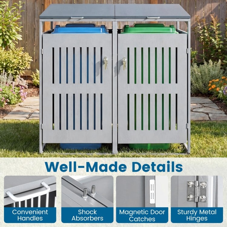 Outdoor trash can storage shed for 2 bins with gas struts, featuring a slant-roof design and lockable doors for.