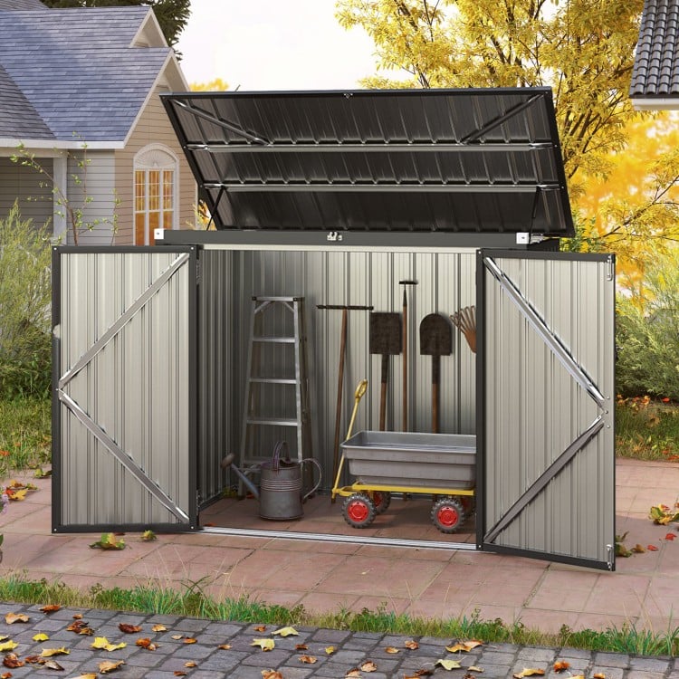 Outdoor trash can storage shed in dark gray with double openings, featuring galvanized steel construction and top flip.