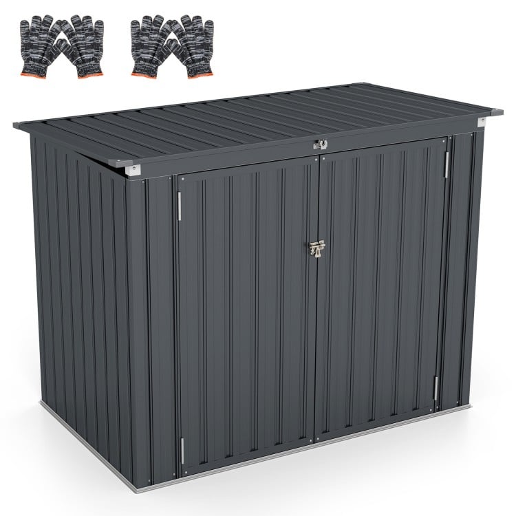 Outdoor trash can storage shed in dark gray with double openings, galvanized steel for durability, ideal for garden.