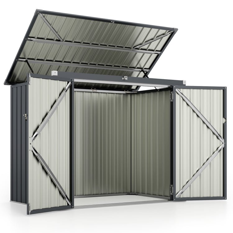 Outdoor trash can storage shed in dark gray with double openings and top flip cover for easy access and durability.