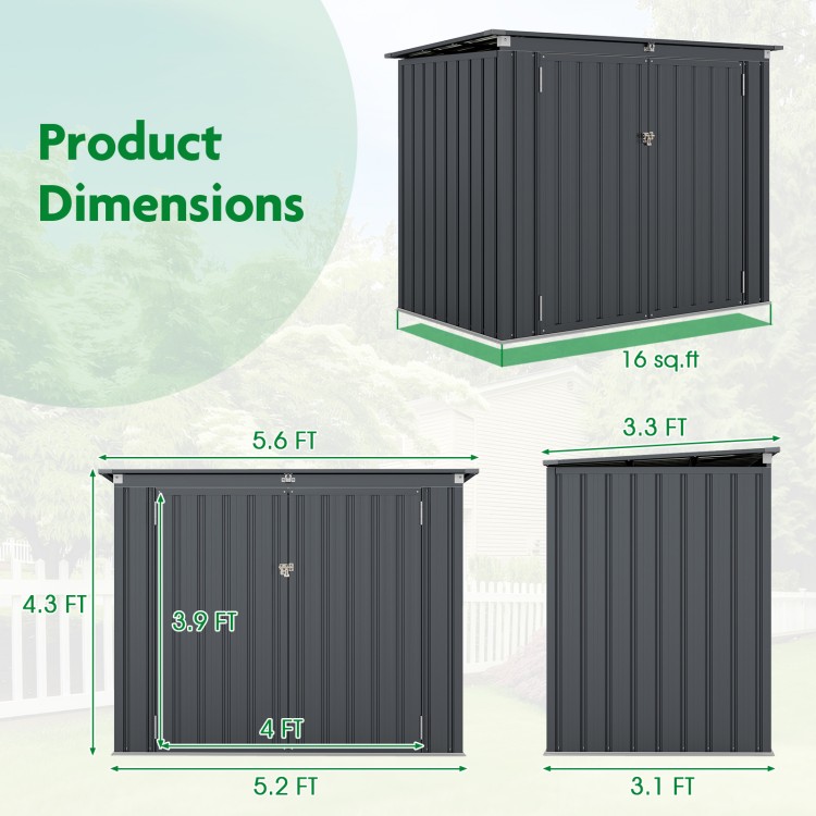 Dimensions of the dark gray outdoor trash can storage shed with double openings for easy access and durable galvanized.