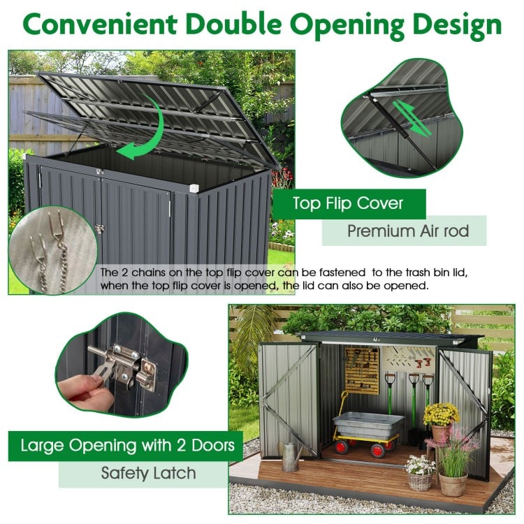Outdoor trash can storage shed with double openings, dark gray galvanized steel, featuring top flip cover and safety.