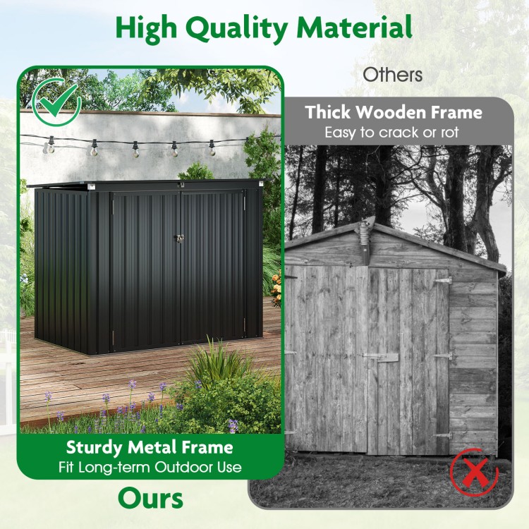 Outdoor trash can storage shed with a sturdy galvanized steel frame, featuring double openings for easy access and.
