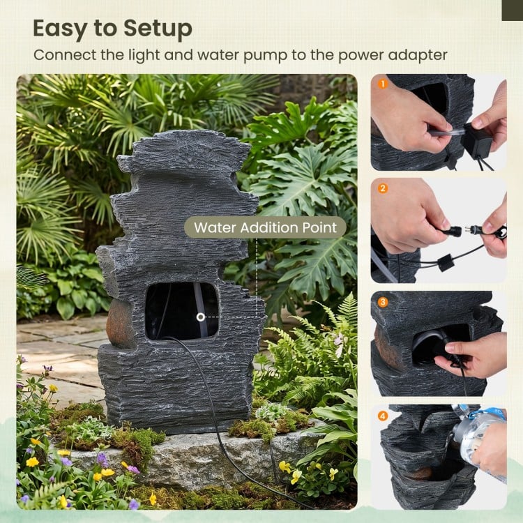 Cascading rock water fountain with LED lights, showcasing water addition point and power adapter connection for easy.