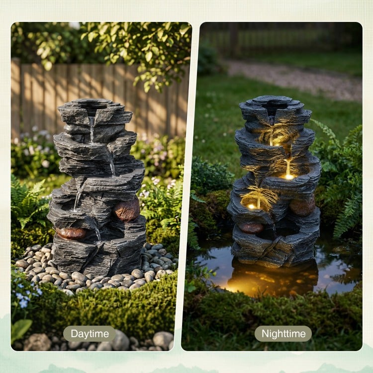 5-tier outdoor water fountain with LED lights, resin construction, and cascading design for a calming ambiance.