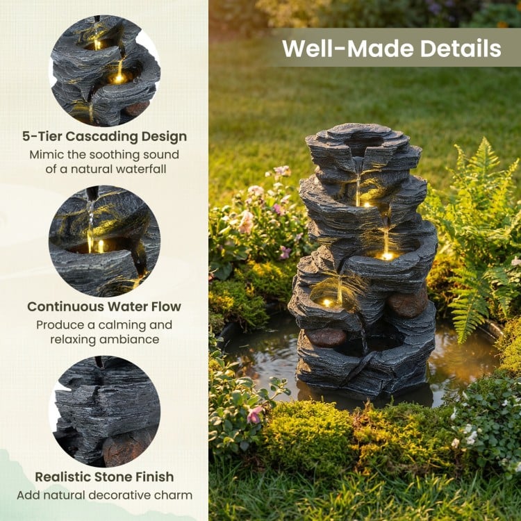 5-tier tabletop outdoor water fountain with LED lights, realistic stone finish, and continuous water flow for calming.