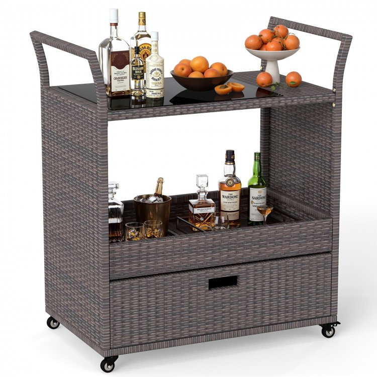 Outdoor wicker bar cart with tempered glass top, featuring ample storage, wheels for mobility, and stylish PE rattan.