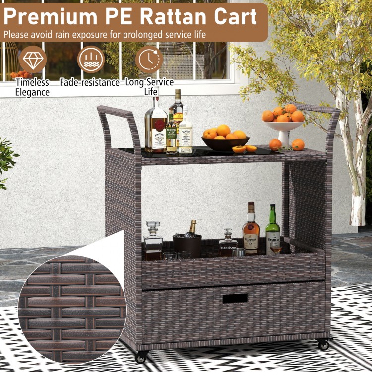 Outdoor wicker bar cart table with tempered glass top, featuring PE rattan, ample storage, and 4 wheels for easy.