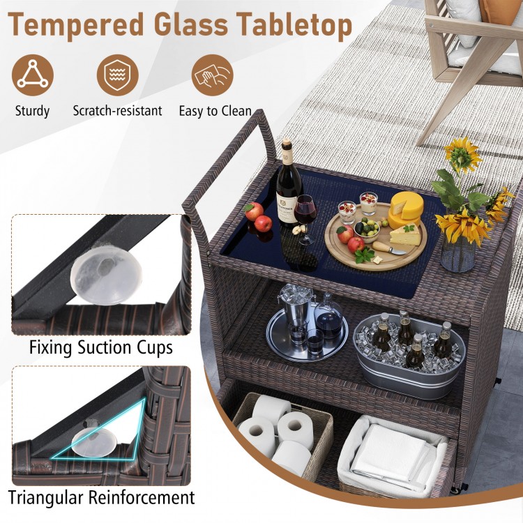 Outdoor wicker bar cart table featuring a tempered glass top, ample storage, and easy mobility with lockable wheels.