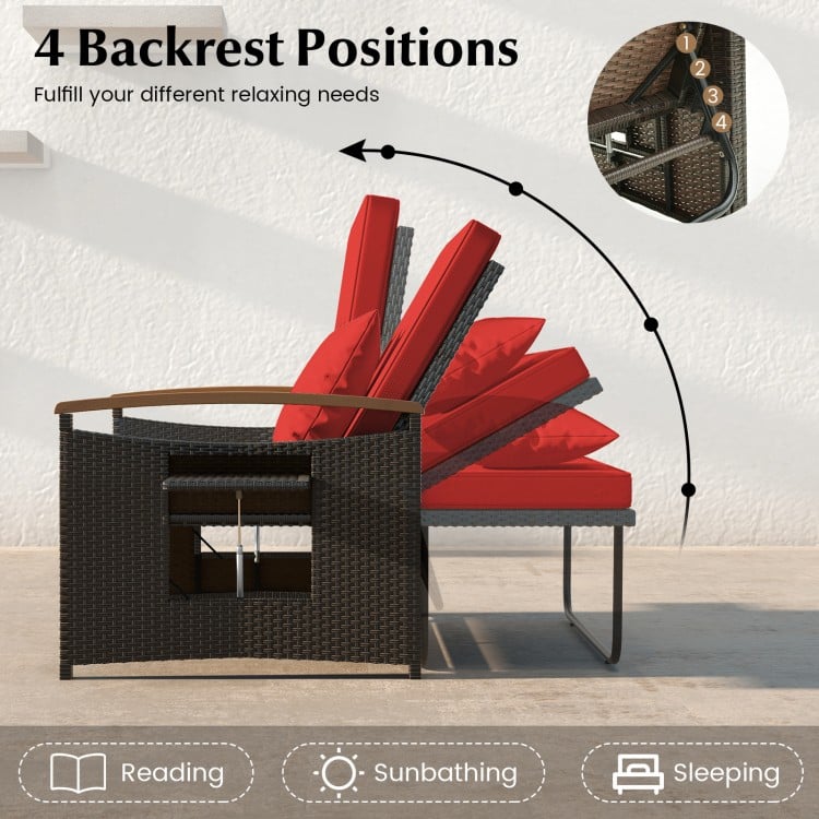 Outdoor wicker daybed in red with adjustable backrest, ideal for sunbathing or reading, featuring storage ottoman.