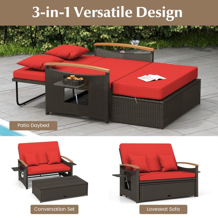 Outdoor wicker daybed in red with folding panels, storage ottoman, and adjustable backrest for versatile patio use.