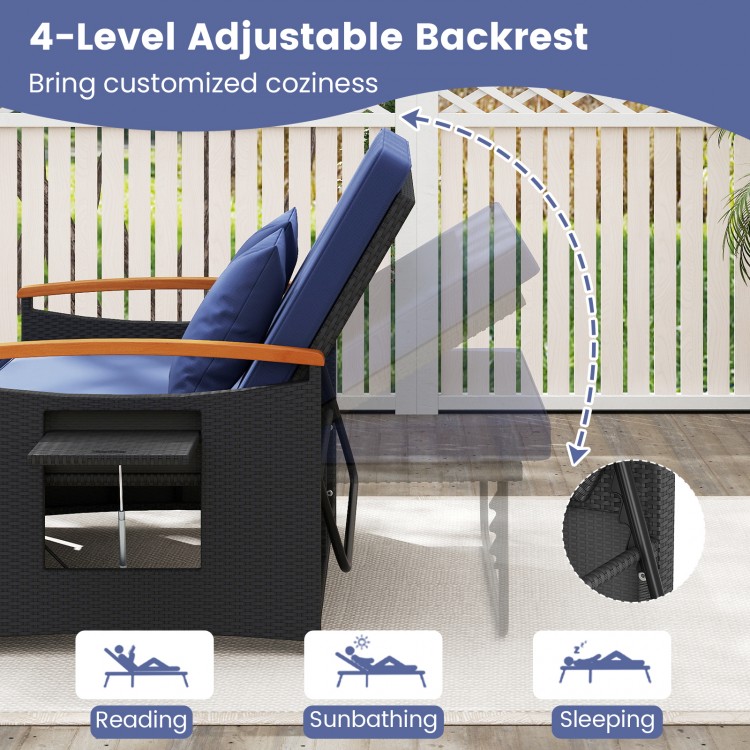Outdoor wicker daybed with dark blue cushions, featuring a 4-level adjustable backrest for ultimate relaxation.
