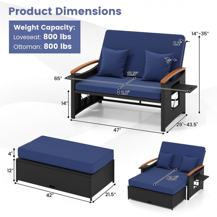 Outdoor wicker daybed with dark blue cushions, adjustable backrest, and storage ottoman for versatile patio use.