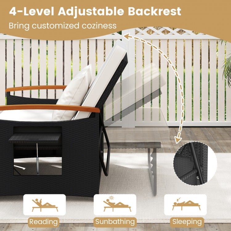 Outdoor wicker daybed with 4-level adjustable backrest, comfortable cushions, and folding panels for versatile use.