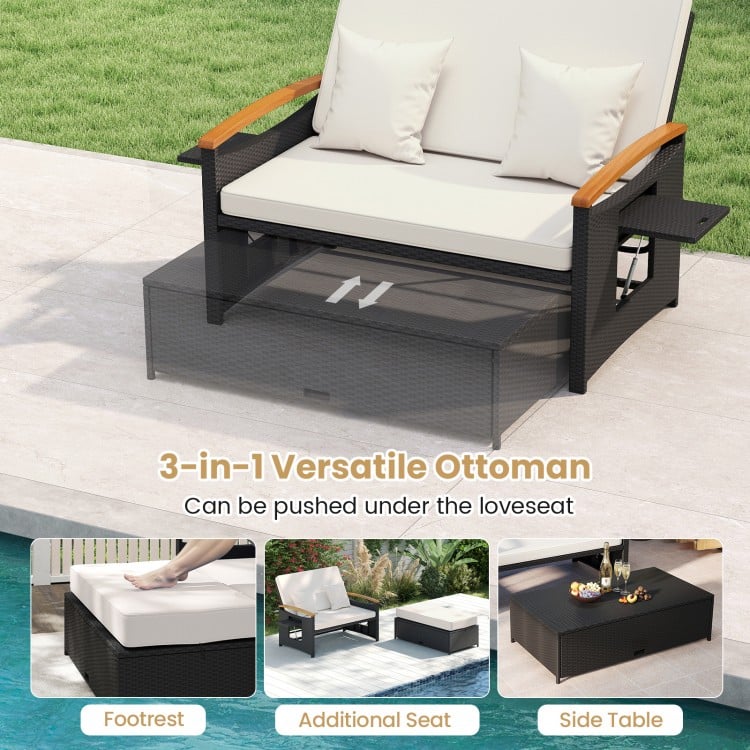 Outdoor wicker daybed with adjustable backrest, comfortable cushions, and versatile storage ottoman for patio.