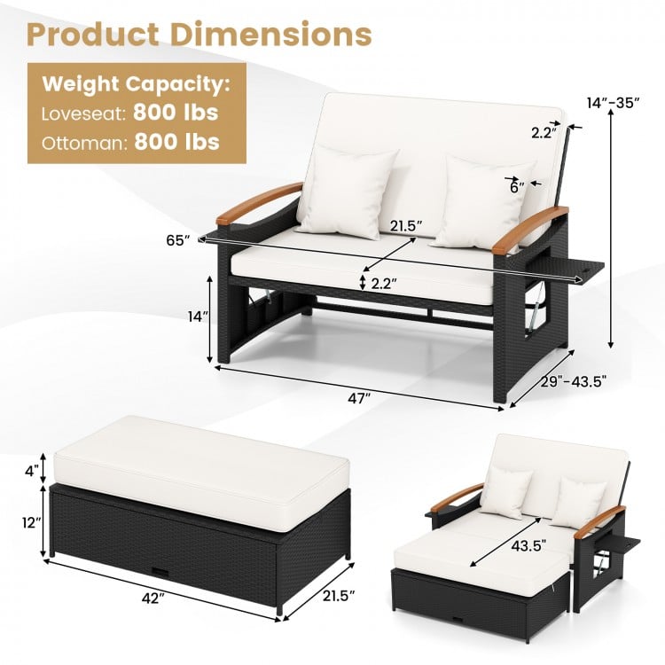 Outdoor wicker daybed with adjustable backrest, white cushions, and storage ottoman for versatile patio use.