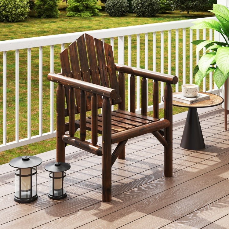 Outdoor wooden armchair with armrests, featuring a brown finish and high back, perfect for patio relaxation.