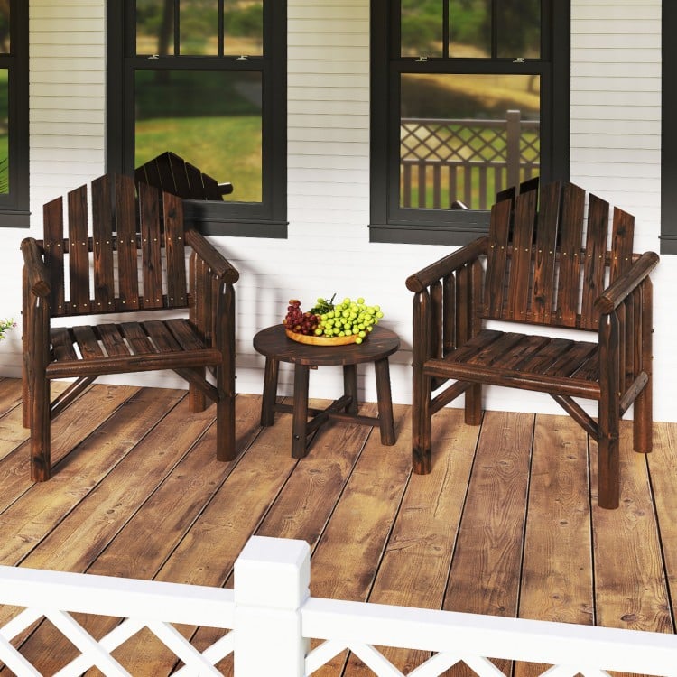Two brown outdoor wood armchairs with armrests and a side table, perfect for patio relaxation and dining.
