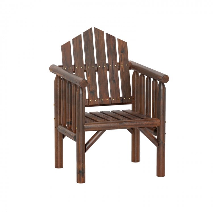 Outdoor wood armchair with a solid brown frame, high back, and armrests, perfect for patio and poolside relaxation.