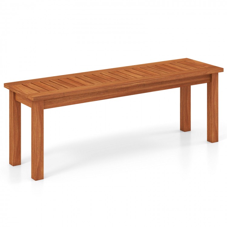 Backless outdoor wood bench for 2, featuring a slatted seat and solid construction, ideal for patio or garden use.