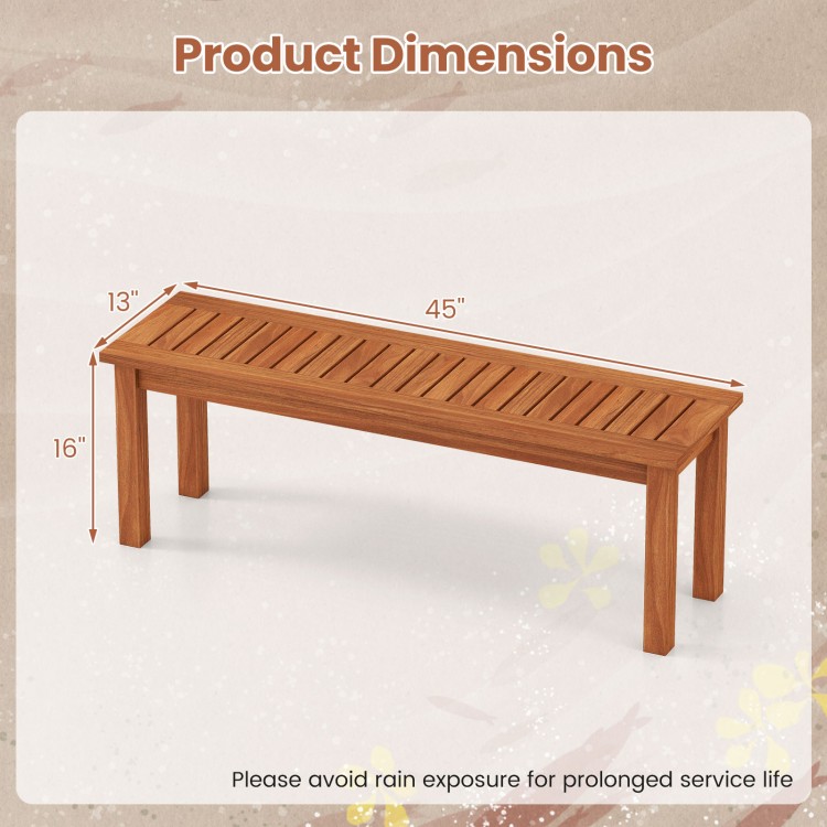 Dimensions of the Outdoor Wood Bench, 45" long, 16" high, 13" deep, featuring a slatted seat for breathability.
