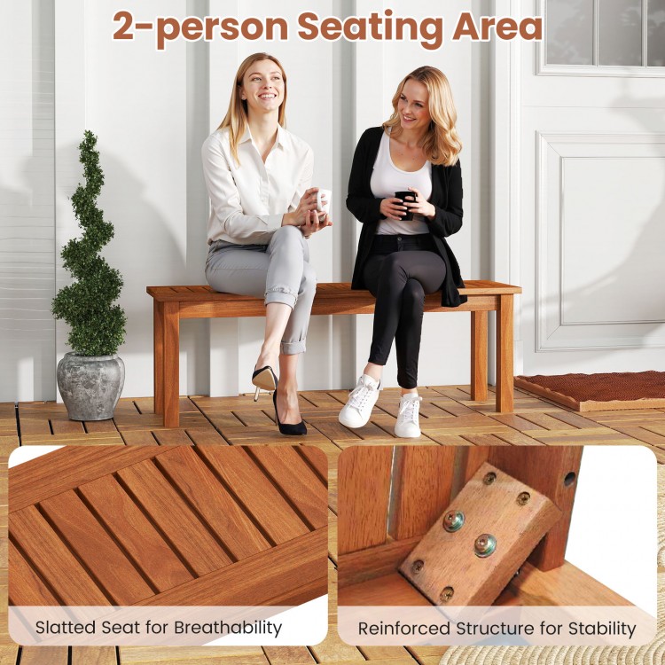 Backless outdoor wood bench with slatted seat for 2-person seating, featuring a reinforced structure for stability.