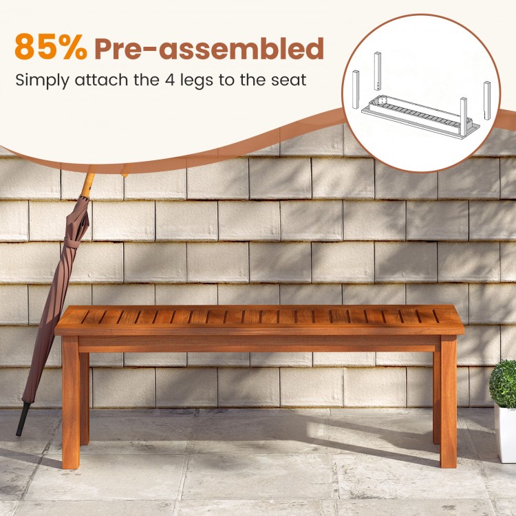 Backless outdoor wood bench with slatted seat, 2-person capacity, 85% pre-assembled for easy setup in patio or garden.